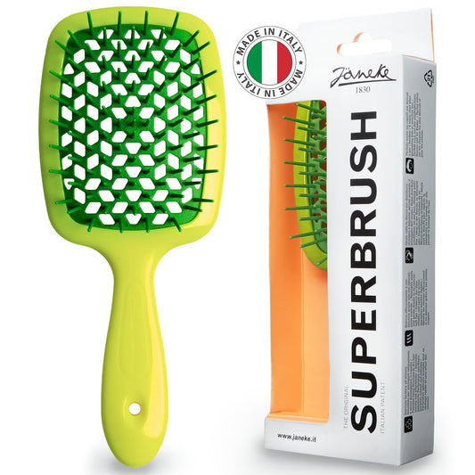 Janeke Superbrush Detangling Brush for Soft Smoothing Hair Brushing with Anti-Static Bristles - Vented Wet Hair Brush for Blow Drying Use - Perfect for Curly, Thick, Wavy, Fine Hair Types (Lime)