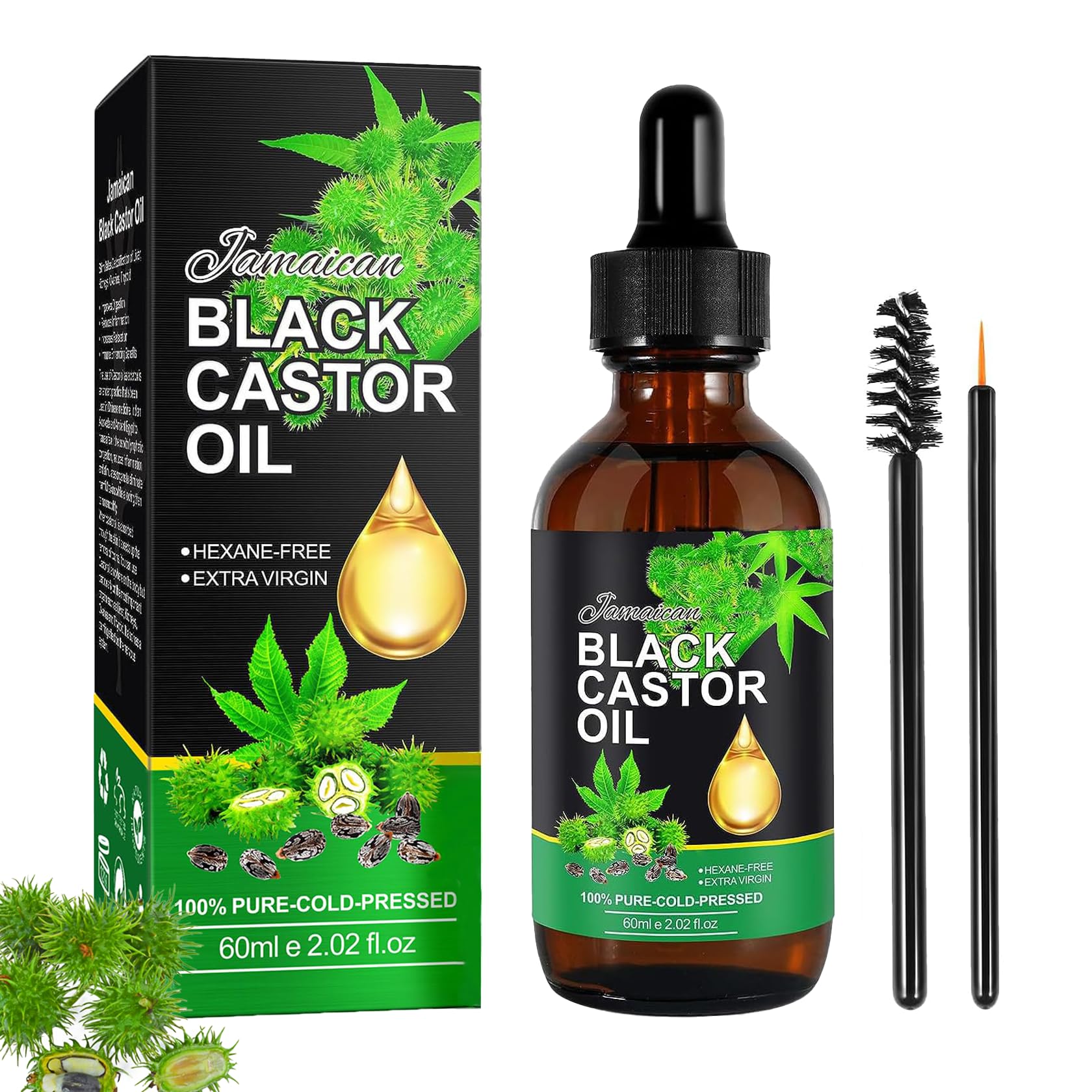 Jamaican Black Castor Oil organic cold pressed unrefined glass bottle, 100% Pure Cold Pressed Organic Castor Oil for Hair Growth(60ML)