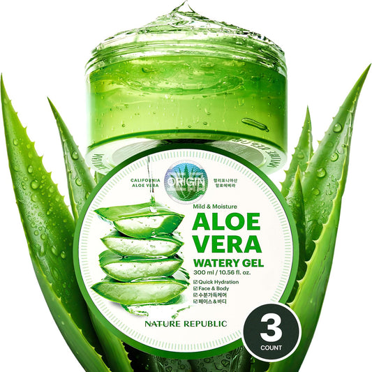 Nature Republic MILD & MOISTURE ALOE VERA WATERY GEL (3 PCS) Quick Hydration & Moisturizing,fast absorbing non-sticky texture,korean skin care for Face,Hair,Sunburn relief, aftershave, all Skin Types