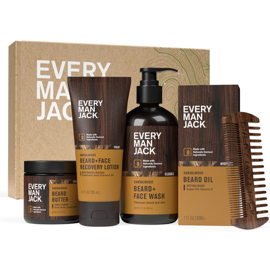 Every Man Jack Mens Sandalwood Beard Set - 5 Full-Sized Grooming Essentials For a Complete Routine - Beard + Face Wash, Beard + Face Lotion, Hydrating Beard Oil, Beard Butter, and Beard Comb