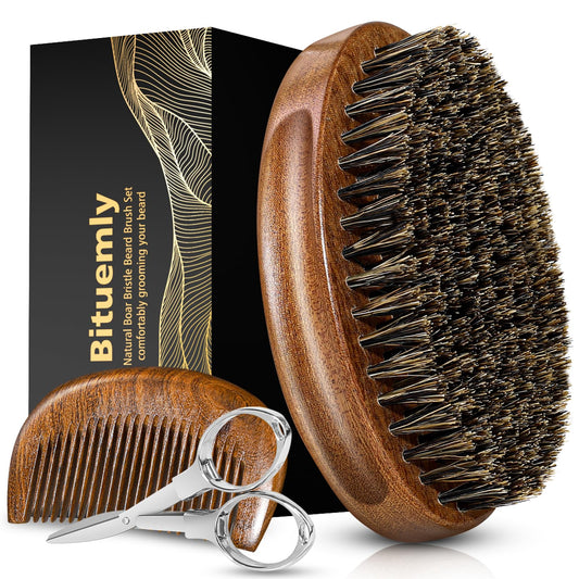 Beard Brush, Natural Boar Bristles Beard Brush for Men and Wooden Sandalwood Pocket Beard Comb Set, Facial Hair Grooming Kit with Mustache Scissors as a Styling Tool, Growth, Detangles, Shine
