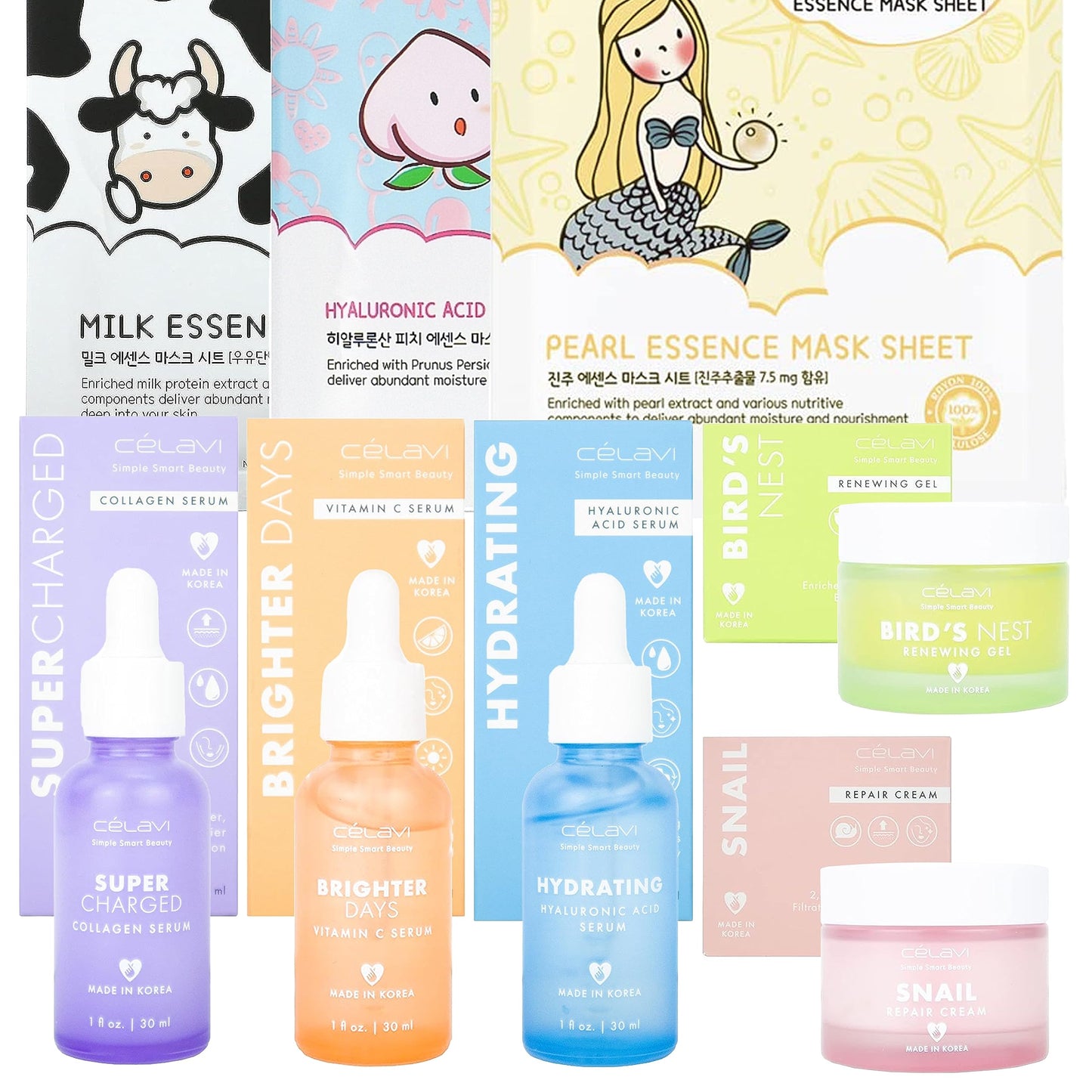 Bundle Korean Skincare CELAVI Collection Vitamin C, Hyaluronic Acid, Bird's Nest Skin Gel, Snail Mucin Essence Cream & Collagen Serum, Anti-Aging, Skin Brightening, Wrinkles & Face Masks