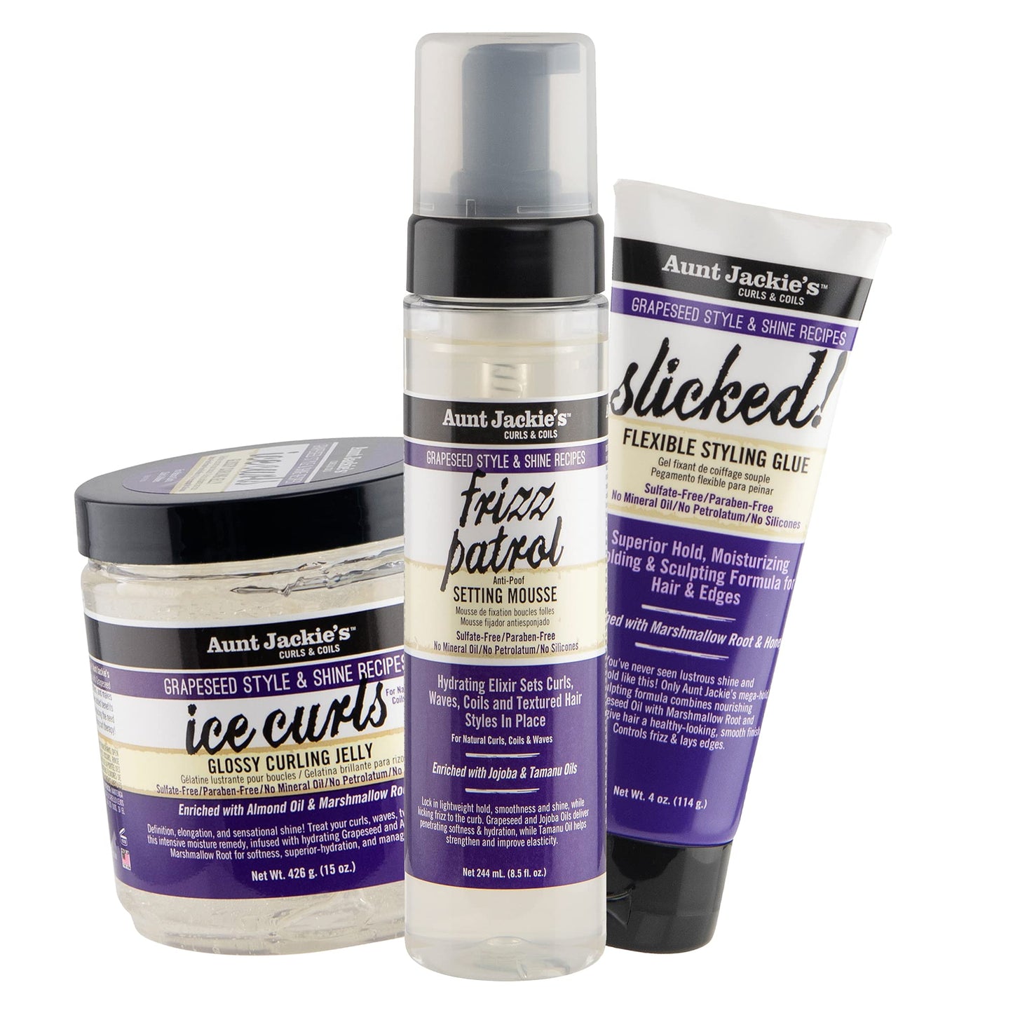 AUNT JACKIE'S Grapeseed Collection Perfect Slay 3 Pack Bundle, Ice Curls, Frizz Patroil, Slicked, Frizz and out-of-place strands don't stand a chance, A Sleek and Shiny Finishing Touch to Every Style