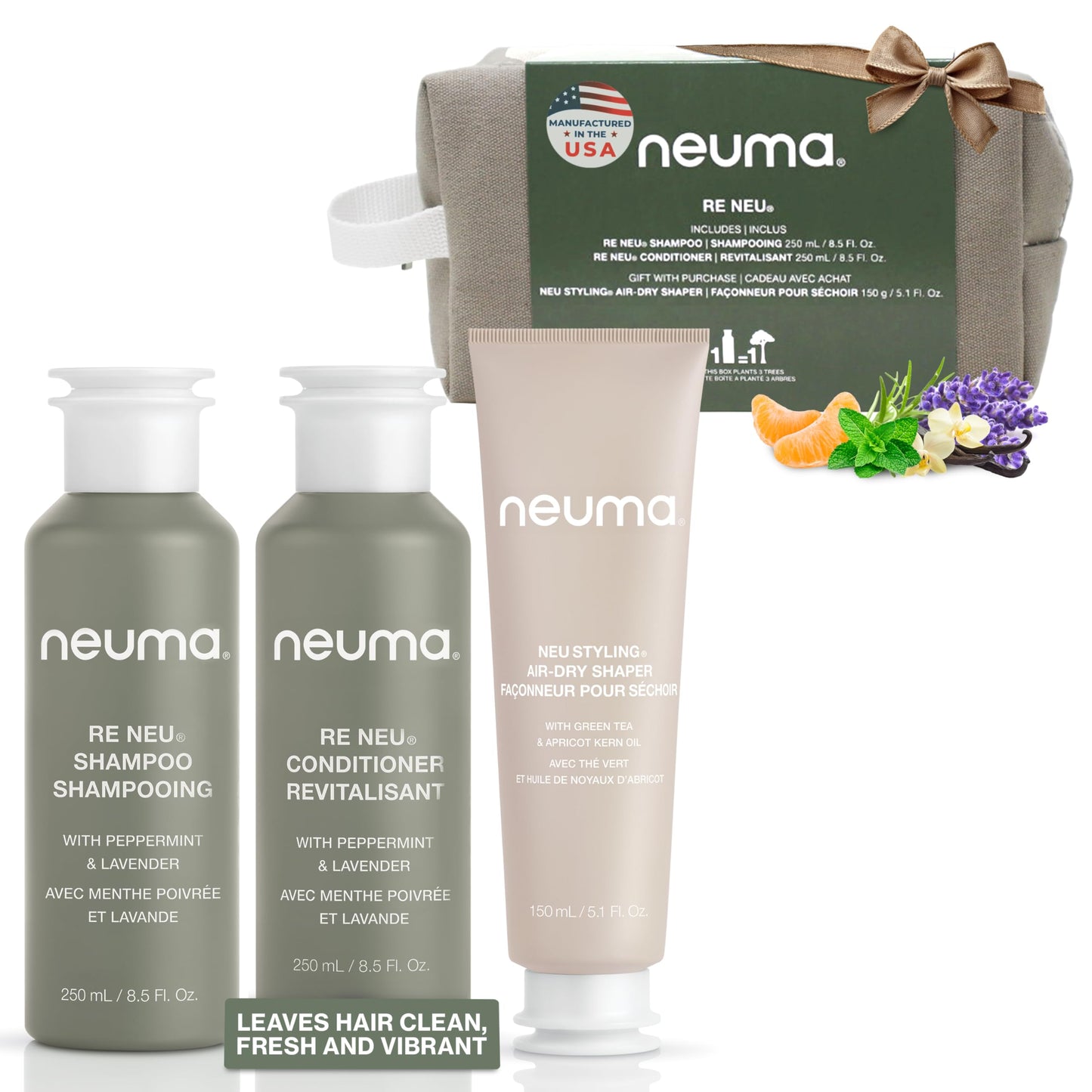 NEUMA Re Neu Holiday Gift Set — Re Neu Shampoo (8.5 Fl. Oz.), Re Neu Conditioner for Damaged Dry Hair (8.5 Fl. Oz.), and Neu Styling Air-Dry Shaper (5.1 Fl. Oz Hair Products Set