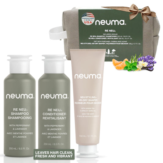 NEUMA Re Neu Holiday Gift Set — Re Neu Shampoo (8.5 Fl. Oz.), Re Neu Conditioner for Damaged Dry Hair (8.5 Fl. Oz.), and Neu Styling Air-Dry Shaper (5.1 Fl. Oz Hair Products Set