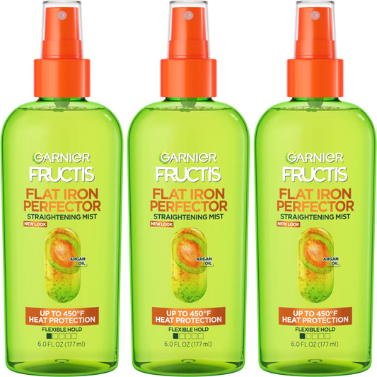 GARNIER Fructis Style Flat Iron Perfector Straightening Mist for Heat Protection, Argan Oil, 6.0 Fl Oz, 3 Count (Packaging May Vary)