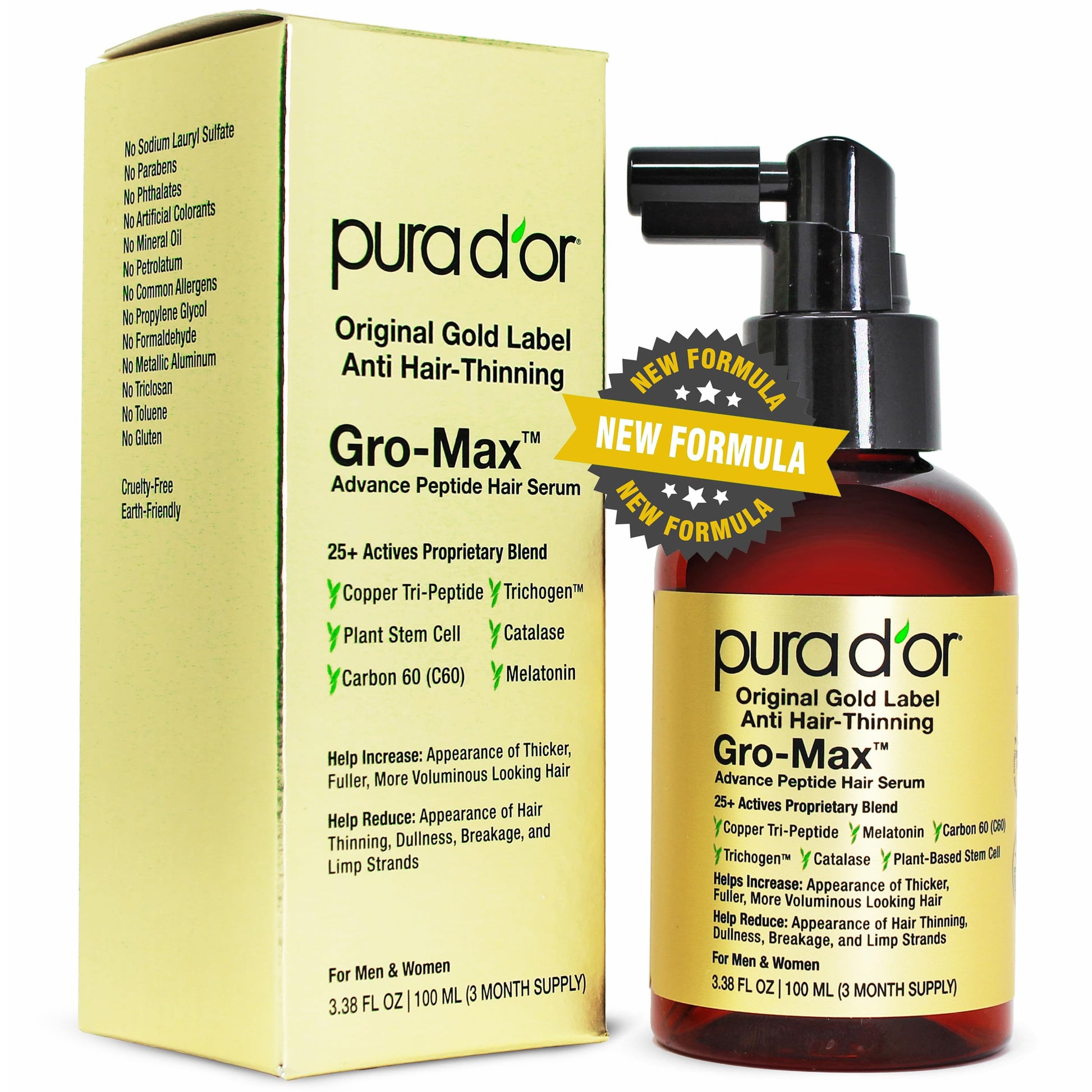 PURA D'OR 3.38 Oz Gro-Max Advanced Peptide Hair Serum (NEW FORMULA) Plant Stem Cell, Catalase, Copper Tri-Peptide, C60, Biotin, Melatonin, Trichogen, Caffeine, Rosemary - Stronger, Thicker Hair