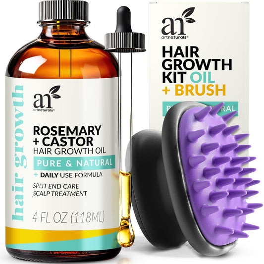 ARTNATURALS Organic Rosemary & Castor Hair Growth Oil + Scalp Massager Set Hair Styling Oils for Dry, Itchy Scalp, Thickening & Hydration - Scalp Oil Products For Damaged Hair & Split Ends 4.0 oz