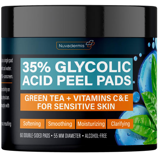 NUVADERMIS 35% Glycolic Acid Peel Pads Exfoliating Facial Resurfacing for Blackheads, Dark Spots, and Acne Safe for Sensitive Skin 60 Double-Sided Pads