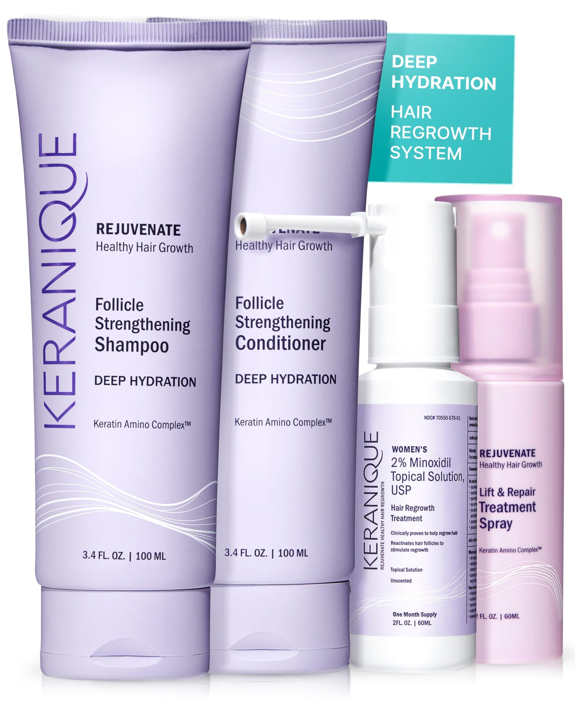 Keranique Hair Growth Treatment for Women - Minoxidil Regrowth System with Hydrating Shampoo, Conditioner, Volumizing Spray, and Hair Loss Treatment