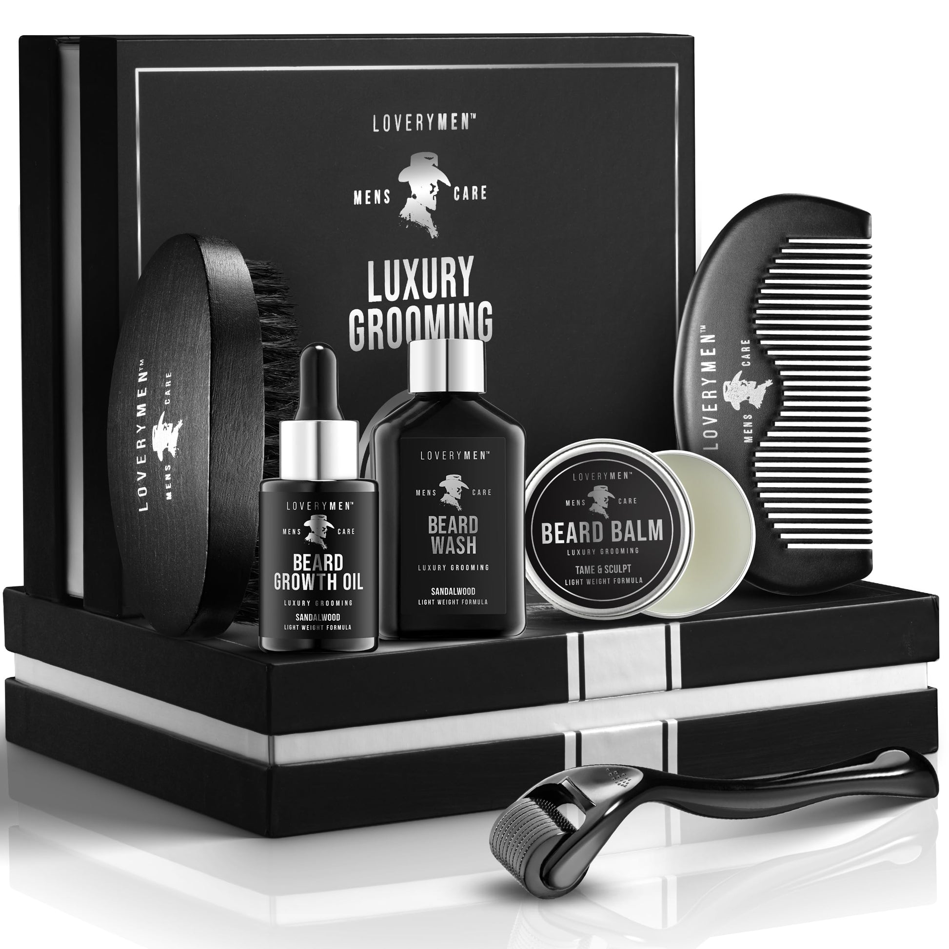 Beard Grooming Kit - Includes Beard Oil, Beard Balm, Beard Wash, Comb, Brush & more– Mens Gifts for Him, Boyfriend, Husband, Dad - Sandalwood Beard Kit