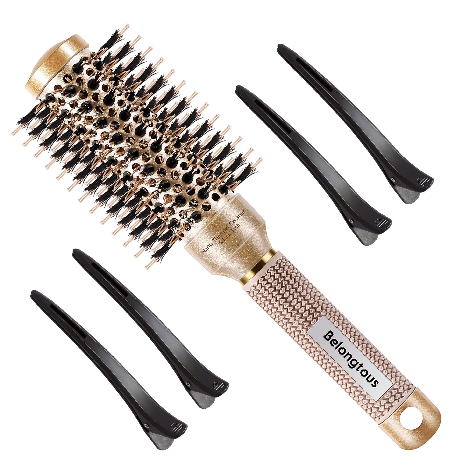 Round Brush, Nano Thermal Ceramic & Ionic Tech Round Barrel Boar Bristles Hair Brush, Roller Brush for Blow Drying, Curling, Straightening and Hair Styling, 4 Free Clips (1.3 inch, 32mm)