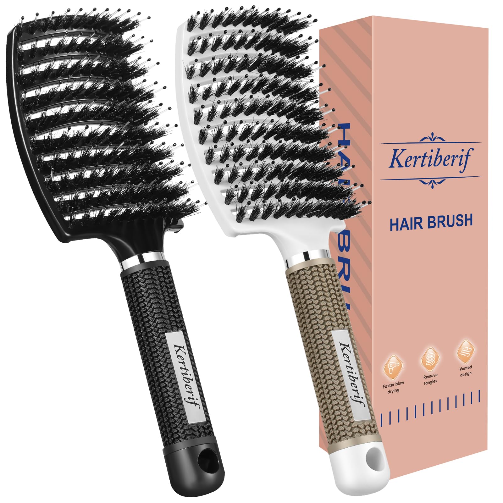 Boar Bristle Hair Brush 2PCS, Curved Vented Detangling Brush for Wet and Dry Hair, Styling Paddle Hairbrush for Women Men Kids Curly Straight Thick Long or Short Hair