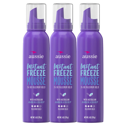 AUSSIE Mousse, with Jojoba & Sea Kelp, Instant Freeze, 24 Hour Hold, 6 fl oz, Triple Pack