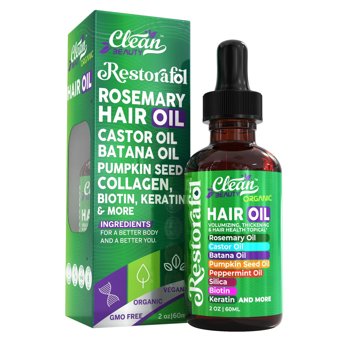 Rosemary Hair Oil For Growth with Castor Oil Batana Oil Pumpkin Seed Oil Peppermint Oil Silica Biotin Collagen Keratin Saw Palmetto Horsetail Tea Tree Vit E Aloe Vera Jojoba (1 Pack)