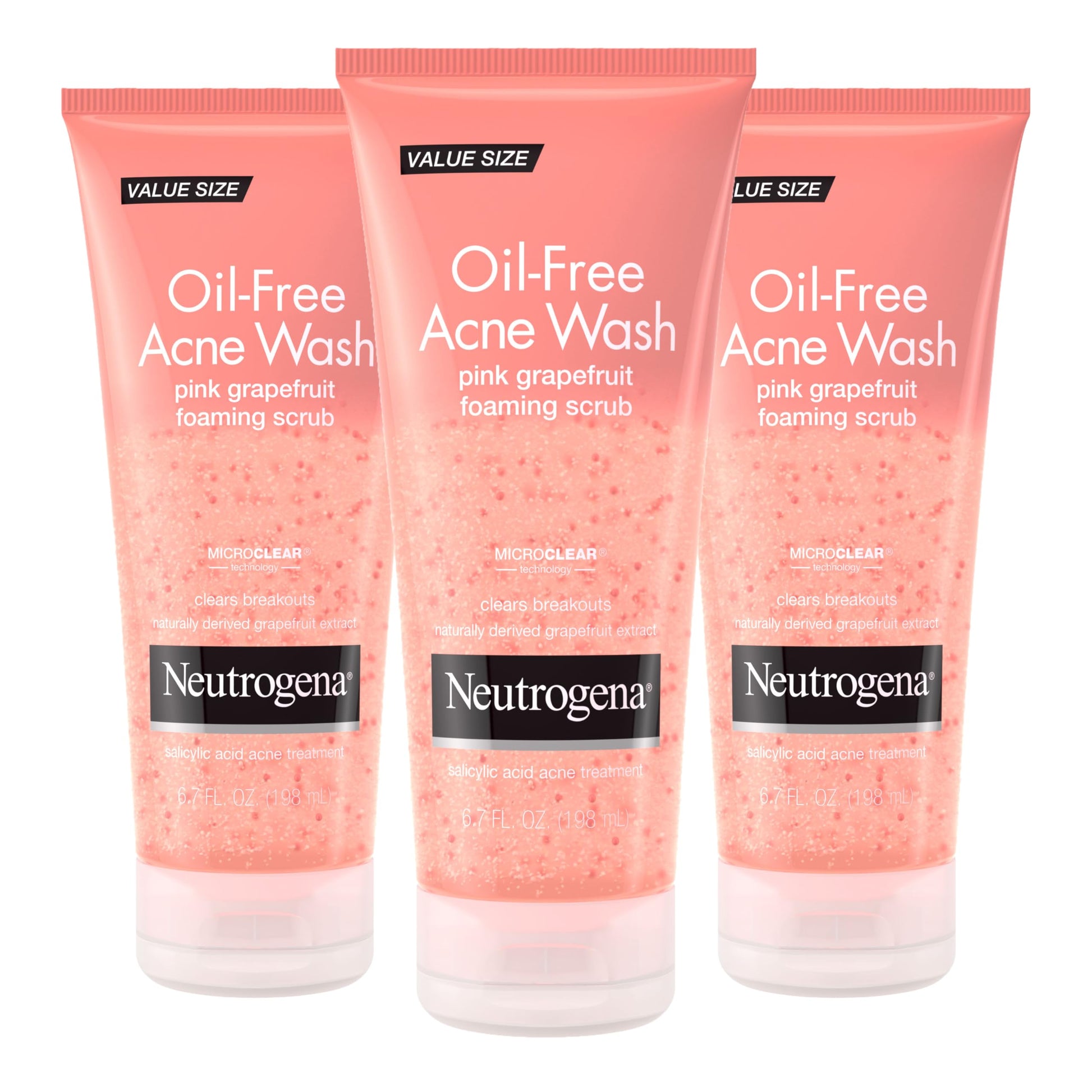 NEUTROGENA Oil Free Pink Grapefruit Acne Face Wash with Vitamin C, 2% Salicylic Acid Acne Treatment, Gentle Foaming Facial Scrub to Treat & Prevent Breakouts, 6.7 fl. Oz, 3 Pack
