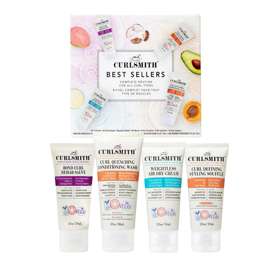 CURLSMITH Best Sellers Travel Size Kit for all curl types. Includes Strength, Moisture, and Scalp Recipes | Pre-Shampoo Treatment, Shampoo & Conditioner, Leave-In Conditioner, and Styling SoufflŽ.