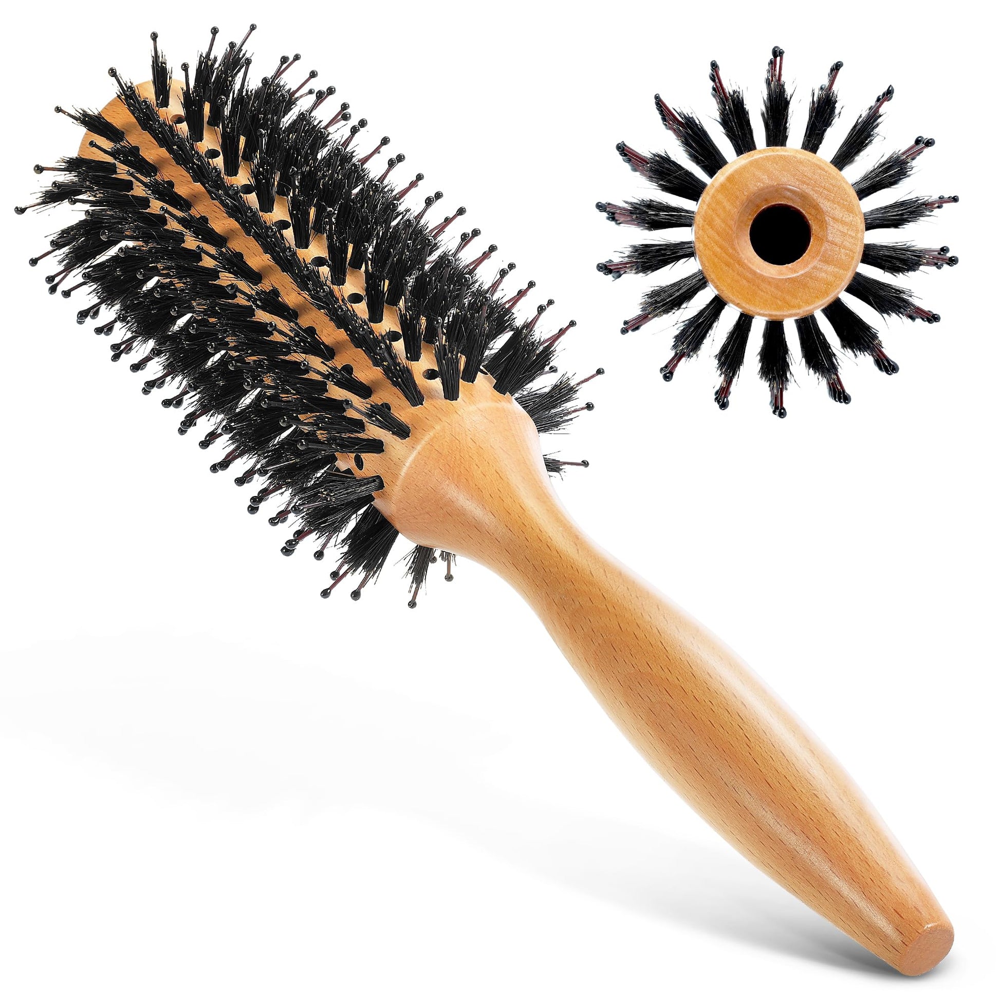 BFWood Round Brush for Blow Out, 1.2 Inch Natural Wooden Boar Bristle Hair Brush for Blow Drying, Curling, Styling & Volume