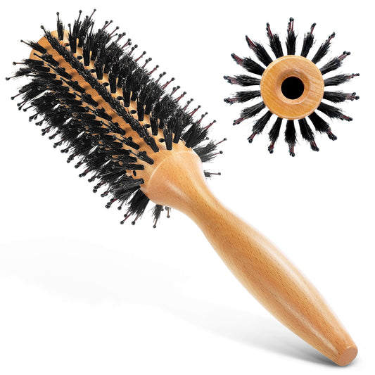 BFWood Round Brush for Blow Out, 1.2 Inch Natural Wooden Boar Bristle Hair Brush for Blow Drying, Curling, Styling & Volume