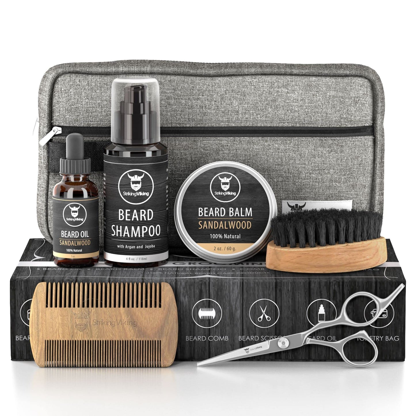 Striking Viking Grooming Kit - Premium Care Products for Men with Beard Shampoo, Oil, Balm Butter, Brush, Wooden Comb, Mustache Scissors & Toiletry Bag