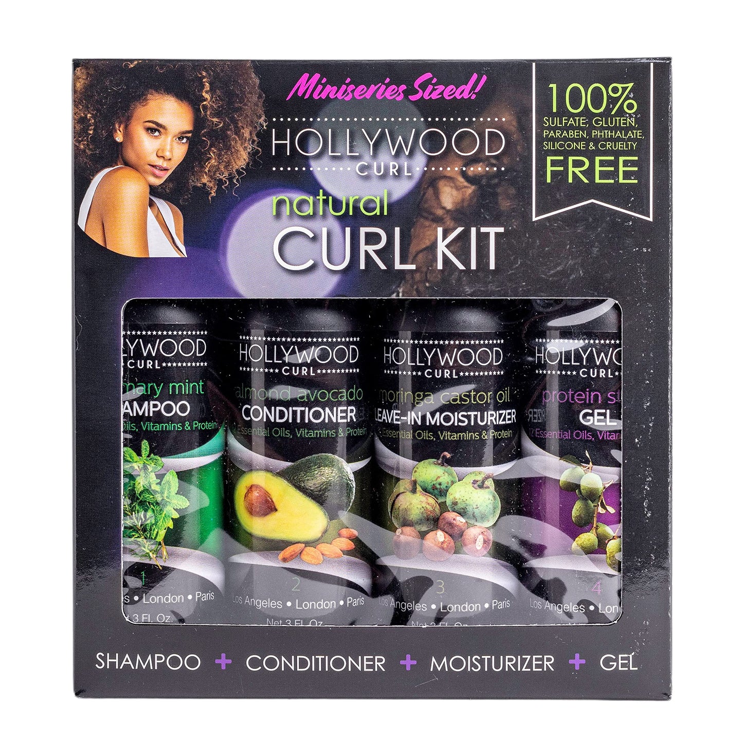 Hollywood Curl 4 Pack Natural Curl Styling Kit - Women and Men Wavy and Frizzy Hair Control - w/Essential Oils, Vitamins, and Protein Includes Shampoo, Conditioner, Curling Cream, and Styling Gel